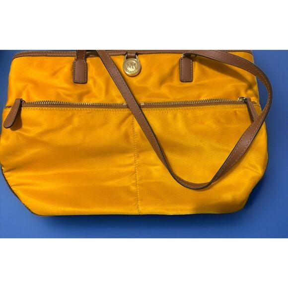 MICHAEL KORS "Kempton" Yellow Nylon Brown Leather Trims Shopper Tote Bag - Picture 1 of 7
